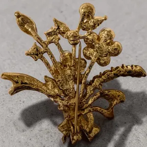 Vintage Gold Tone Floral Bouquet Brooch Faux Pearl Amber Rhinestone Pin thumbnail 8