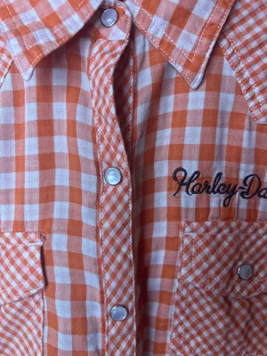 Harley Davidson Orange Gingham Snap Shirt‎ Embroidered Back Small thumbnail 6