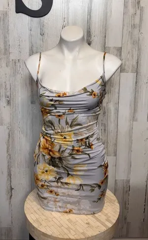 Windsor Floral Bodycon Mini Dress Womens Small Light Blue Yellow Ruched Cowl Nec thumbnail 1