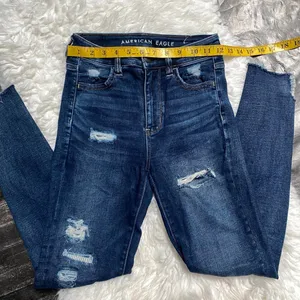 American Eagle Super High Rise Jeggings Dark Wash Distressed Normcore Softgirl thumbnail 4