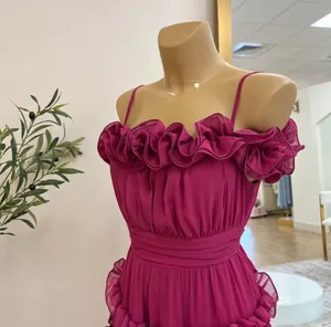 Ruffled off shoulder maxi dress in deep fuschia thumbnail 2