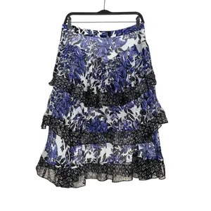 Rebecca Taylor Silk Tiered Blue and Black Ruffle Printed Midi Skirt 8 thumbnail 3