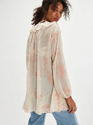 Free People Women’s Dreamland Printed Tunic Top Semi-Sheer in Floral Print L thumbnail 4