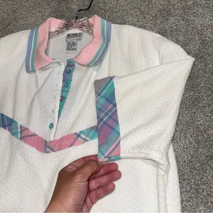 Vintage Koret Francisca White Textured Short Sleeve polo With Plaid Accents sz M thumbnail 3