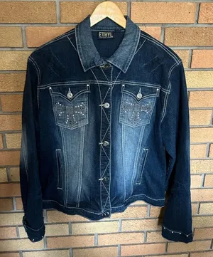 Ethyl Vintage Jean Denim Jacket Women’s Size 1X Gemstone Bedazzled Cross Y2K thumbnail 1