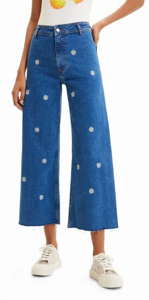 Desigual Embroidered Daisy Cropped Culotte Jeans‎ Wide Leg Blue Denim 40 US 8 thumbnail 1