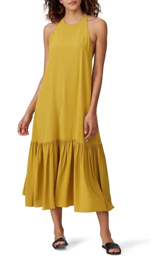 Tibi Eco Silk Yellow Sleeveless Halter Flounce Shift Midi Dress Size 8 thumbnail 1
