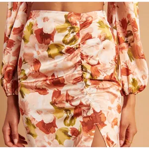 Abercrombie‎ & Fitch Womens Floral Ruched Satin Side Slit Midi Skirt Orange thumbnail 2