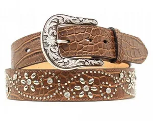 Western Ariat Womens Croc Print Studs Crystals Brown Leather Belt Style A1510602 thumbnail 1