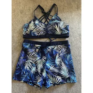 Blue Tropical Leaf Tankini 3 Piece Set w/ Swim Shorts M, Swim Beach Pool Vacay thumbnail 2