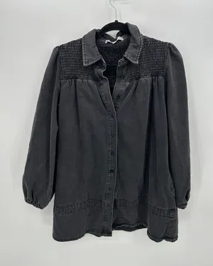 Veveret Womens Smocked Denim Shirt Jacket Puff Sleeve Washed‎ Black Small thumbnail 1
