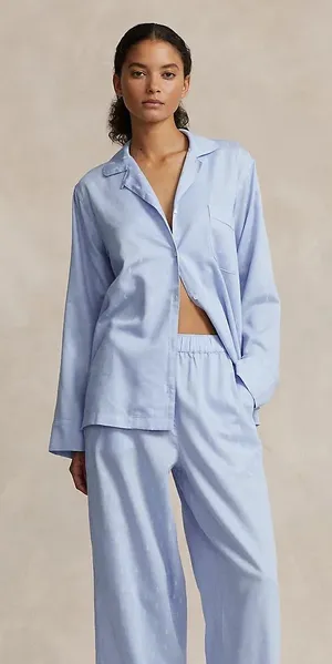 RALPH LAUREN Silk Button Front Collared Embroidered Pocket Sleep Top Size 14 thumbnail 1