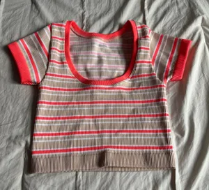 Pink and Beige Striped Aerie Cropped Tee thumbnail 1