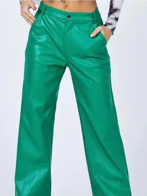 Princess Polly Green Faux Leather Wide Leg Pants 8 Slit Hem‎ Trousers thumbnail 1