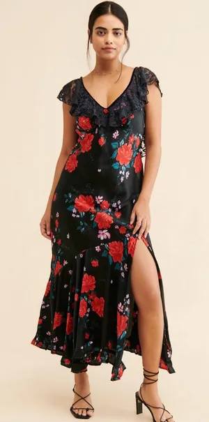Free People Warm Hearts Black Floral Lace Midi Dress M thumbnail 1