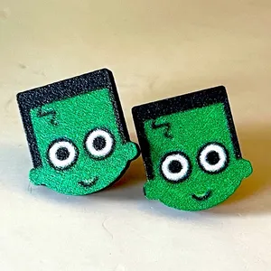 Playful Frankenstein Monster Green and Black wooden stud Earrings silver backs thumbnail 1