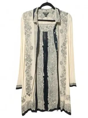 Lucky Brand Chiffon sheer Lace print Kimono Coverup Coastal boho resortwear thumbnail 3