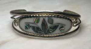 Vintage Alpaca Mexico Abalone Mother‎ of Pearl Inlay Floral Cuff Bracelet Silver thumbnail 1