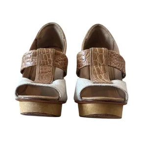 Tory Burch Georgina Linen Platform Heels Croc Leather Peep Toe‎ Sz 9 thumbnail 4