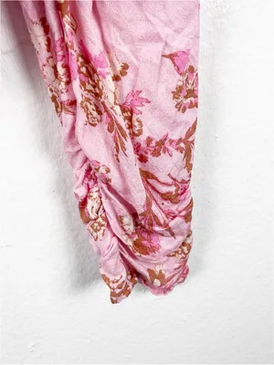 FREE PEOPLE Hilary Pink Floral Tie Closures Ruched Front Puff Sleeves Top Small thumbnail 12
