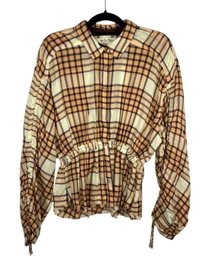 Free People‎ Peach Pacific Dawn Plaid Pull String Sleeve Snap Button Shirt M thumbnail 1