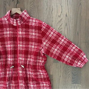 Anthropologie Vintage Collared Fleece Drawstring Waist Jacket Red White Plaid M thumbnail 2