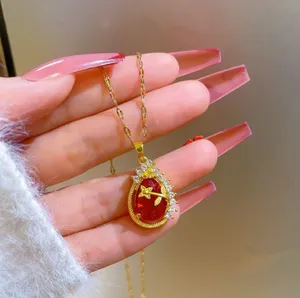 18K Gold Plated Birthstone Crystal Flower Teardrop Ruby Pendant Necklace for Women thumbnail 2