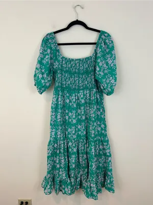 THML Boutique Teal Floral Puff-Sleeve Midi Dress Size Large Women's thumbnail 5