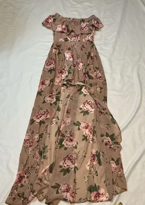 Off-Shoulder Floral Maxi Dress in Taupe with Pink Roses thumbnail 1