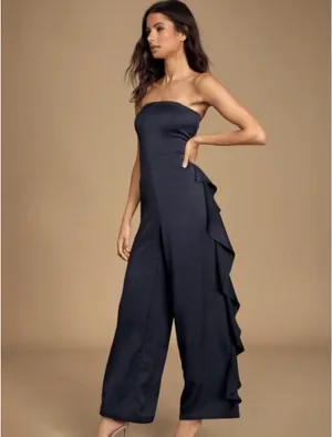 Lulus Navy Strapless Satin Jumpsuit thumbnail 2