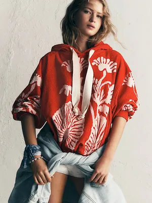NWT Free People Shell Baby Cherry Combo Cotton Appliqué Oversize Pullover Sz XS thumbnail 1
