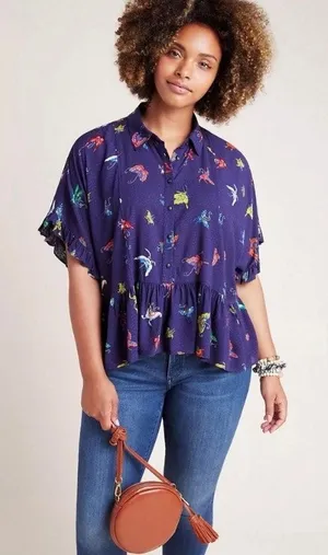 Maeve by Anthropologie Butterfly Print Peplum Blouse Top M Boho Fairy Whimsical thumbnail 1