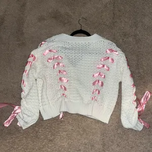 Pink bow winter cardigan White thumbnail 3