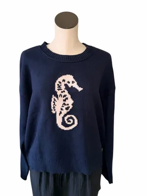 NWT Lucky Brand Navy Seahorse Sweater NWT Size M Soft Knit Nautical thumbnail 2