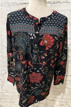ANN TAYLOR LOFT WOMENS BOHO BLOUSE Navy FLORAL LONG SLEEVE Round Neck Medium thumbnail 1