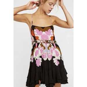 Free People Mini Dress Womens‎ Small Black Pink Floral Mirror Boho Festival thumbnail 3