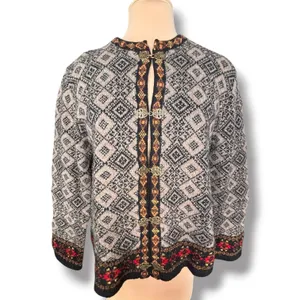 Susan Bristol Wool Fair Isle Nordic Cardigan Sweater Metal Clasp Grey Vintage thumbnail 2