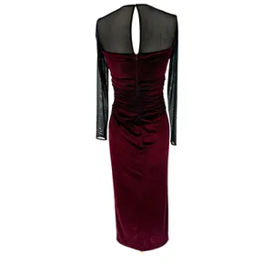 New! Amanda Uprichard Burgundy Velvet‎ Mesh Midi Dress Ruched Long Sleeve Small thumbnail 5
