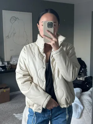 Forever21 cream puffer wavy stitch cinchable waist transition jacket thumbnail 1
