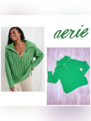 Aerie chunky knit green quarter zip long sleeve sweater shirt size med crochet thumbnail 2