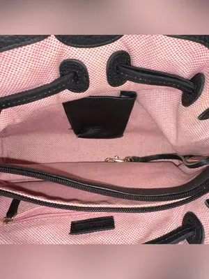 Dooney & Bourke Black Pebbled Leather Drawstring Satchel Bag Pink Gingham Lined thumbnail 7
