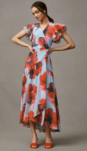 Hutch Zola Maxi Wrap Dress High-Low Floral Blue Red Small Medium thumbnail 1