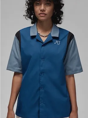Jordan Blue Button Down Shirt‎ with White Embroidered Air Jordan Script thumbnail 1