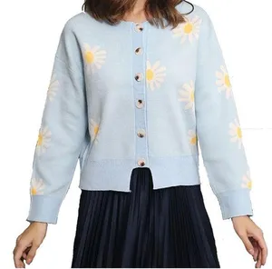 Womens Floral sky Blue Long Sleeve Ribbed Neckline Casual Sweater/Cardigan|Sz:S thumbnail 1