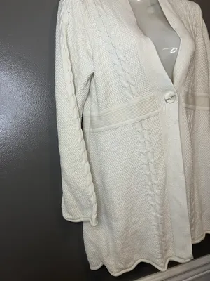 Lizwear Cardigan Sweater Womens Medium White Cable Knit Open Front Shawl Collar thumbnail 3