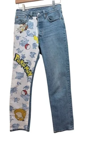 Custom Reworked 1-of-1 Levi's 501 Crop Jeans Pokémon Graphic Leg W26 L26.5 Upcyc thumbnail 1