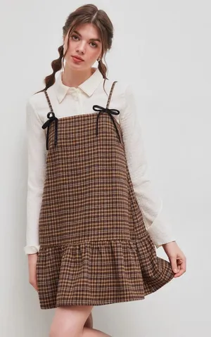 Cider Square Neck Check Ruffle Bowknot Babydoll Mini Dress thumbnail 1