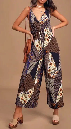 NWOT Lulus Bon Voyage Navy Blue Mixed Print Wide Leg Jumpsuit Slit Pants XS thumbnail 1