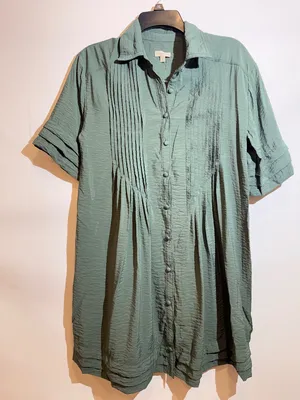 Anthro Pilcro Green Pintuck Button Front Short Sleeve Tunic Shirt Dress Size XS thumbnail 2