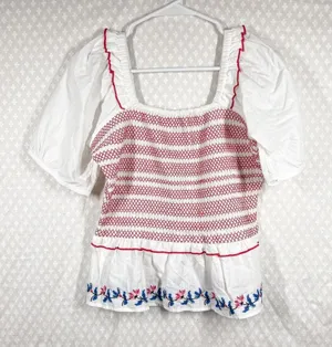 Draper James NWT‎ White Red Camellia Embroidered Peplum Top thumbnail 1